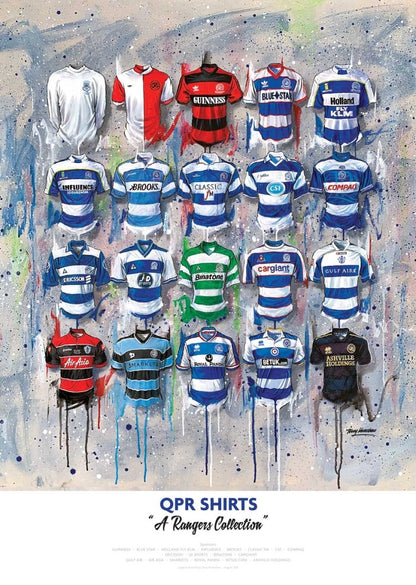Limited edition signed print of QPR FC shirts by Terry Kneeshaw Art, featuring A2 size collectible artwork.