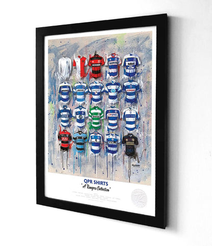 Limited edition QPR A3 framed print featuring iconic Hoops shirt design by Terry Kneeshaw Art.