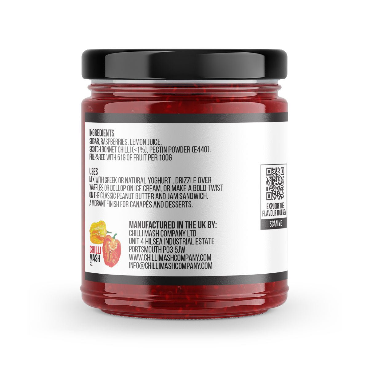 Raspberry Chilli Jam by Chilli Mash Co. in a 190g jar, showcasing vibrant raspberry and chili ingredients with a spicy, fruity appearance.