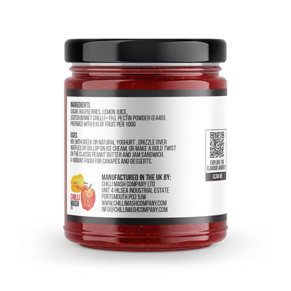 Raspberry Chilli Jam by Chilli Mash Co. in a 190g jar, showcasing vibrant raspberry and chili ingredients with a spicy, fruity appearance.