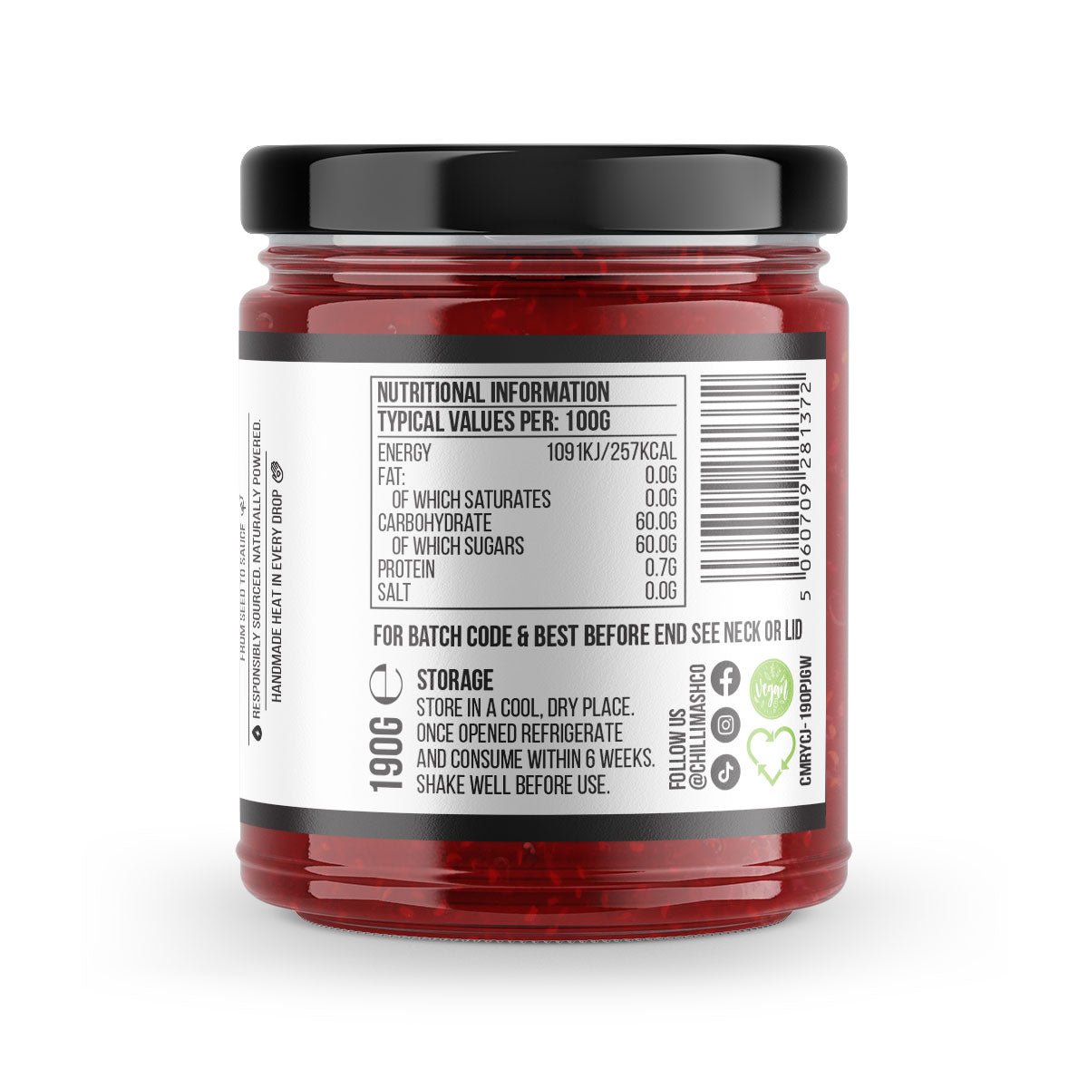 Raspberry Chilli Jam by Chilli Mash Co. in a 190g jar showing vibrant raspberry and chili ingredients, perfect for spreading or cooking.