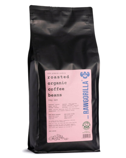 Organic roasted whole coffee beans from RAWGORILLA, 1kg bag, displayed in a clear view of the coffee beans.