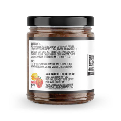 Reaper & Onion Chutney by Chilli Mash Co. in 190g jar, showcasing a spicy red onion relish with a sweet and fiery kick.