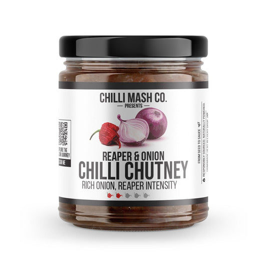 Reaper & Onion Chutney by Chilli Mash Co. in a 190g jar, featuring sweet red onion with a spicy chili kick.