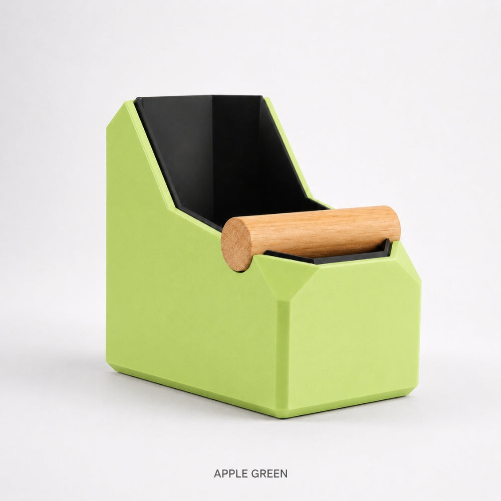 KNOCDIC® rectangular coffee knock box with a real oak knock bar in apple green for espresso machine use.