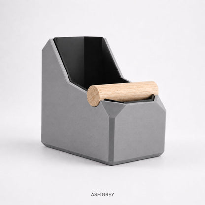 Rectangular coffee knock box in ash grey with real oak knock bar for espresso machine use, by KNOCDIC®.