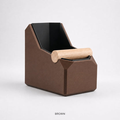 KNOCDIC® rectangular coffee knock box in brown with a real oak knock bar for espresso puck disposal.