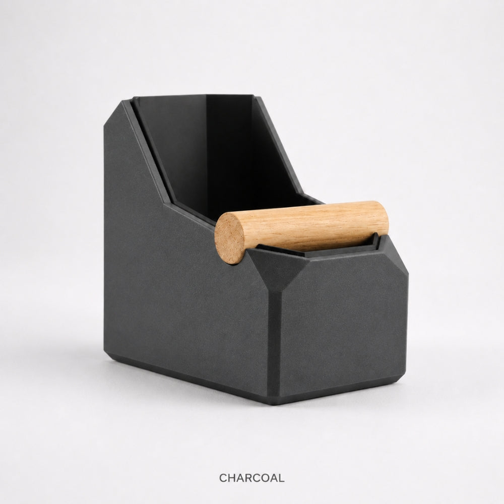 Charcoal rectangular coffee knock box with real oak knock bar for espresso machine cleanup by KNOCDIC®.