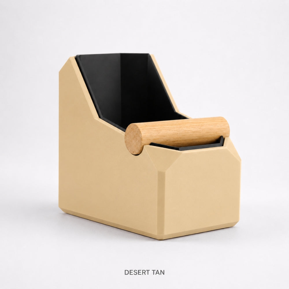Rectangular coffee knock box with desert tan finish and real oak knock bar for espresso machine use by KNOCDIC®.