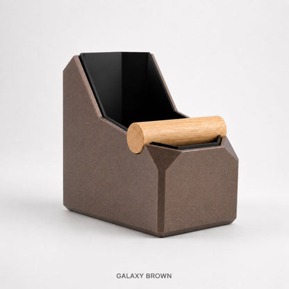 KNOCDIC® rectangular coffee knock box in galaxy brown with a real oak knock bar for espresso machine cleanup.