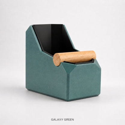 Rectangular KNOCDIC® coffee knock box in galaxy green with a real oak knock bar for espresso machine cleanup.