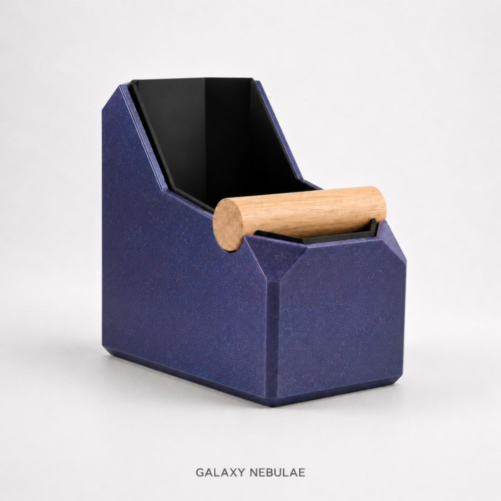 Rectangular coffee knock box with real oak knock bar from KNOCDIC® featuring a galaxy nebulae design.