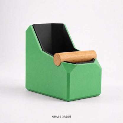 Grass green rectangular coffee knock box by KNOCDIC® with a real oak knock bar, designed for espresso machine use.