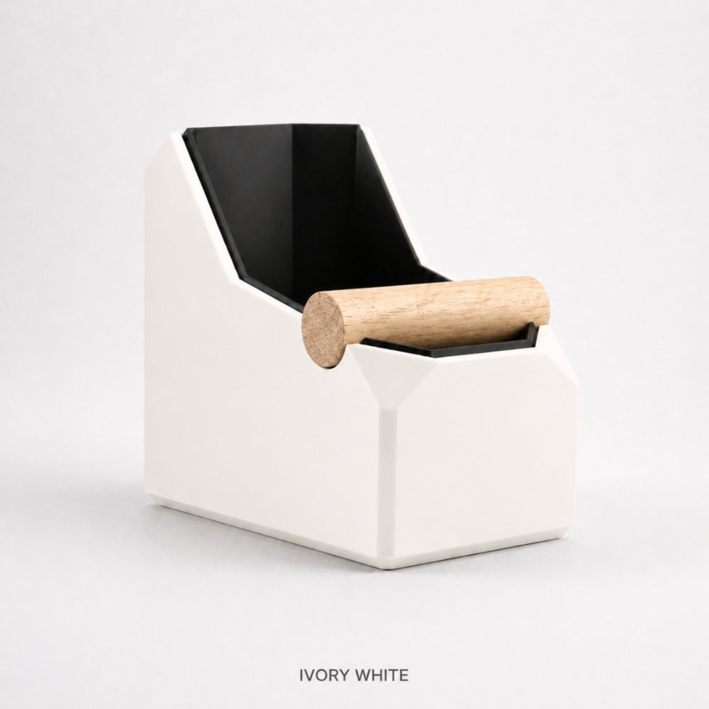 Rectangular ivory white coffee knock box with a real oak knock bar for espresso machine use, branded KNOCDIC®.