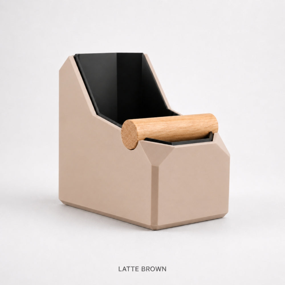 KNOCDIC® rectangular coffee knock box in latte brown with real oak knock bar for espresso pucks and coffee grounds.