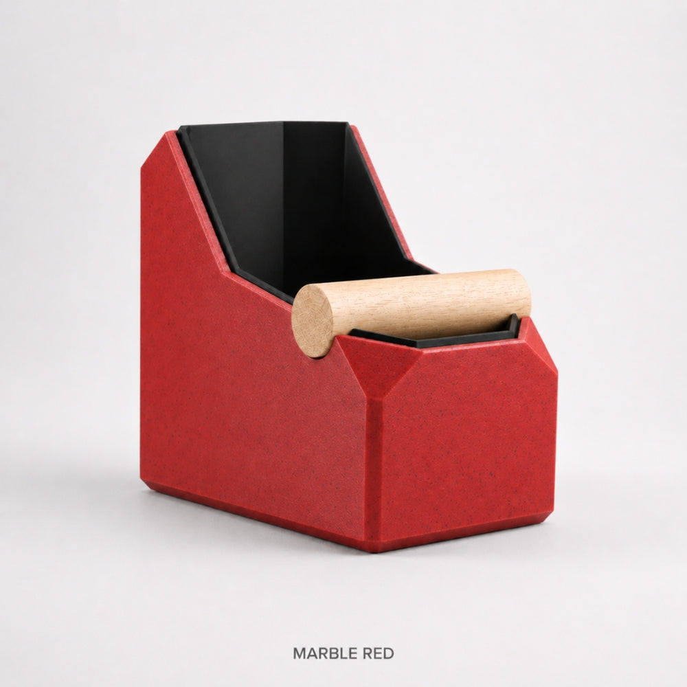 Rectangular KNOCDIC® coffee knock box in marble red with a real oak knock bar for espresso pod disposal.