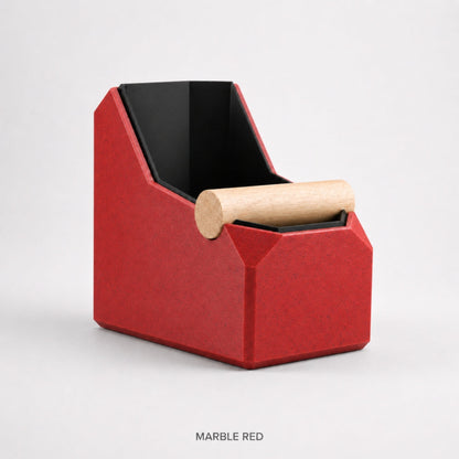 Rectangular KNOCDIC® coffee knock box in marble red with a real oak knock bar for espresso pod disposal.