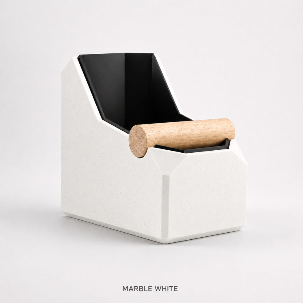 KNOCDIC® rectangular coffee knock box with marble white finish and real oak knock bar for espresso machine use