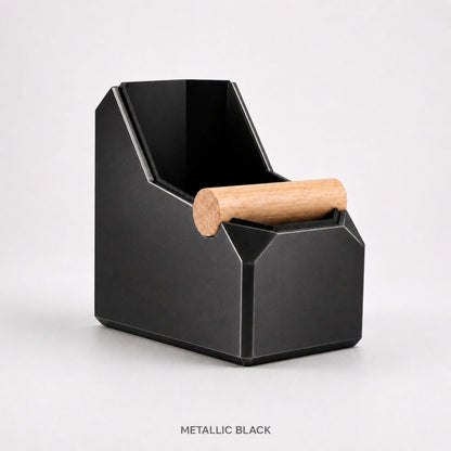 Rectangular black coffee knock box with a real oak knock bar for espresso machine use, made by KNOCDIC®.