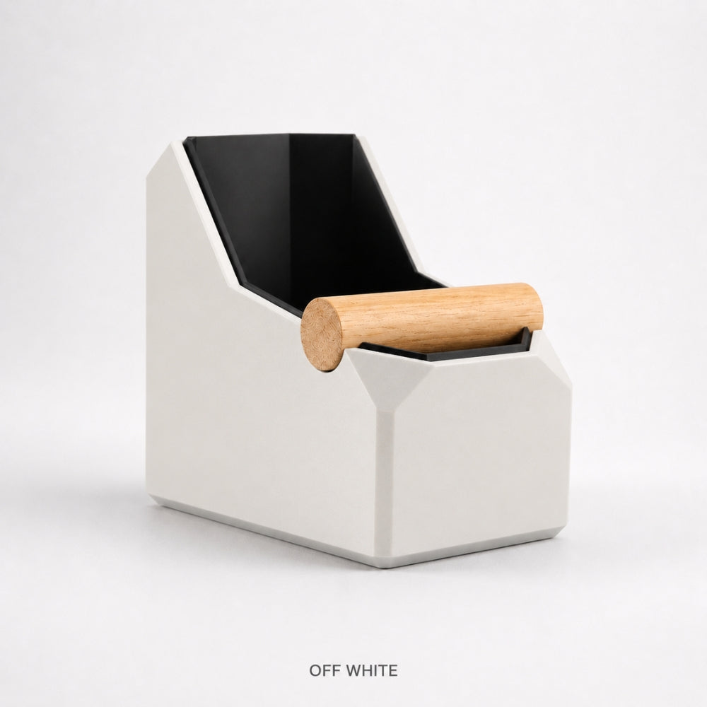 Rectangular KNOCDIC® coffee knock box in off-white with a real oak knock bar for espresso machine cleanup.