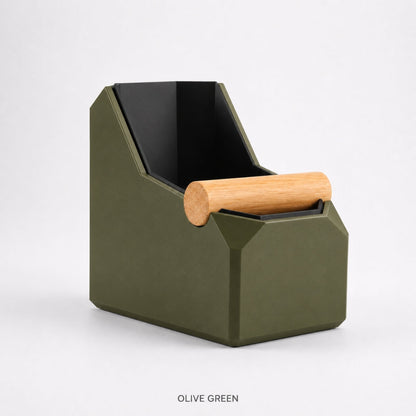 KNOCDIC® rectangular coffee knock box in olive green with real oak knock bar for espresso grounds disposal.