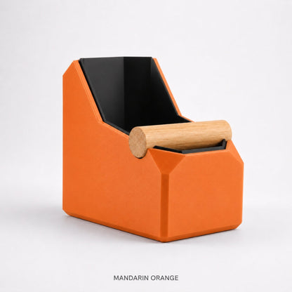 KNOCDIC® rectangular coffee knock box with orange exterior and real oak knock bar for espresso pucks disposal