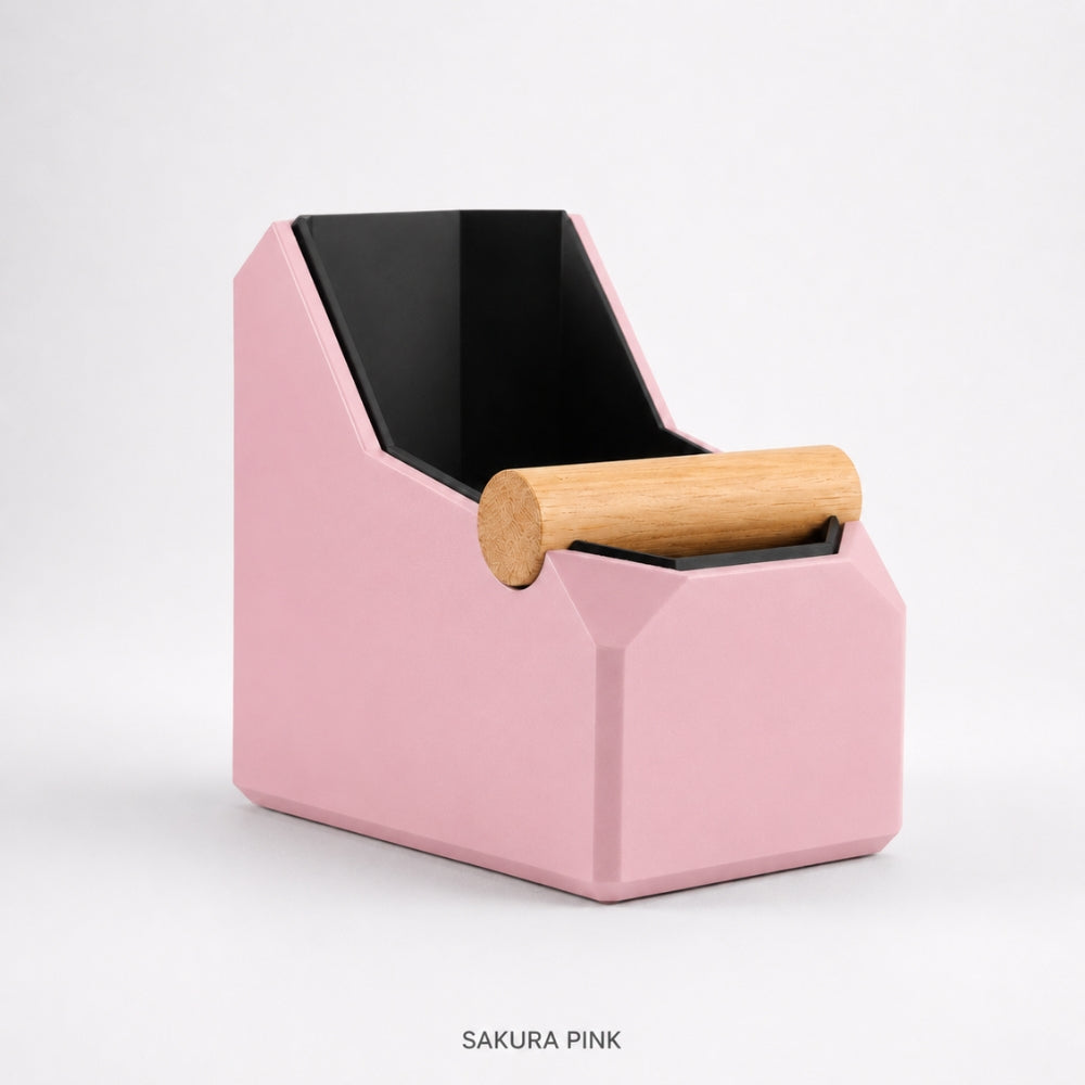 KNOCDIC® rectangular coffee knock box with pink finish and real oak knock bar for espresso machine cleanup.