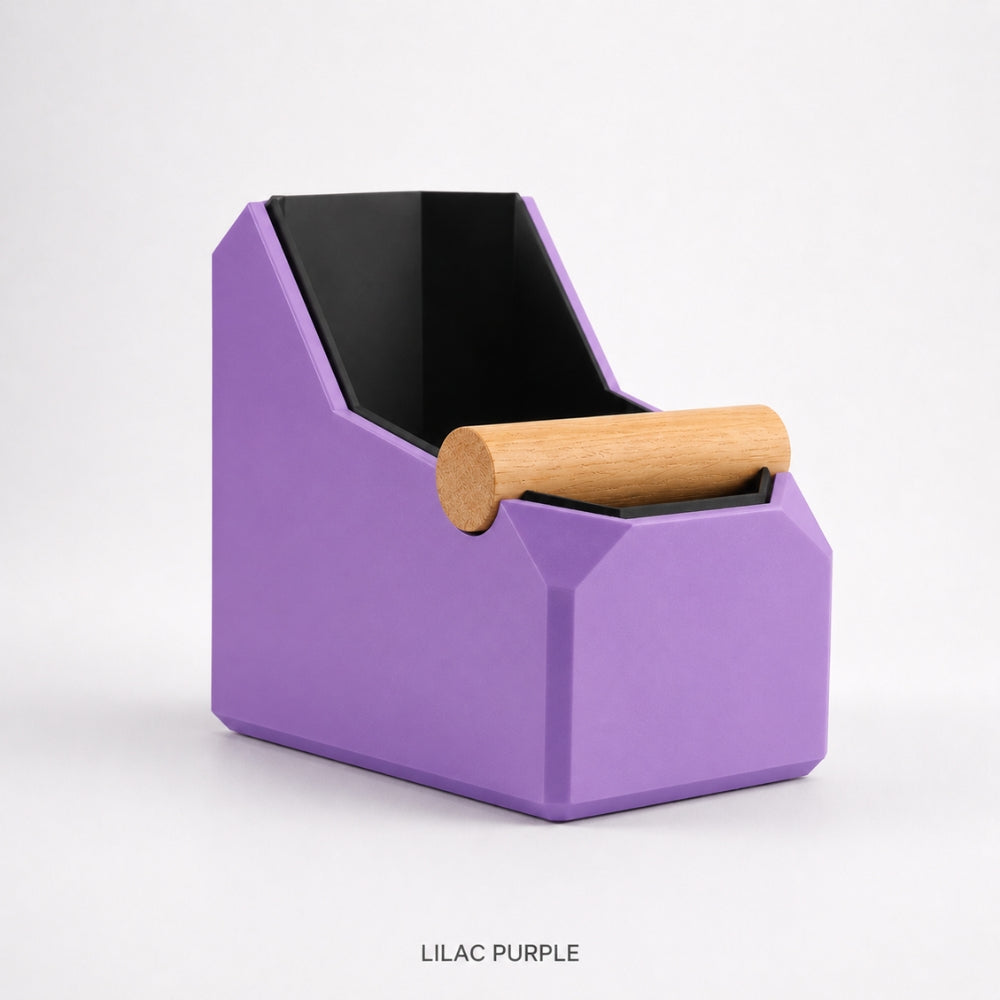 KNOCDIC® rectangular coffee knock box with purple finish and real oak knock bar for espresso grounds disposal.