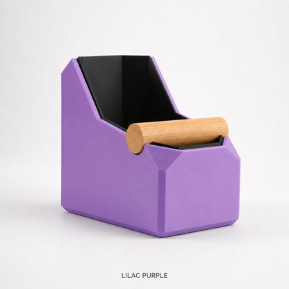 KNOCDIC® rectangular coffee knock box with purple finish and real oak knock bar for espresso grounds disposal.