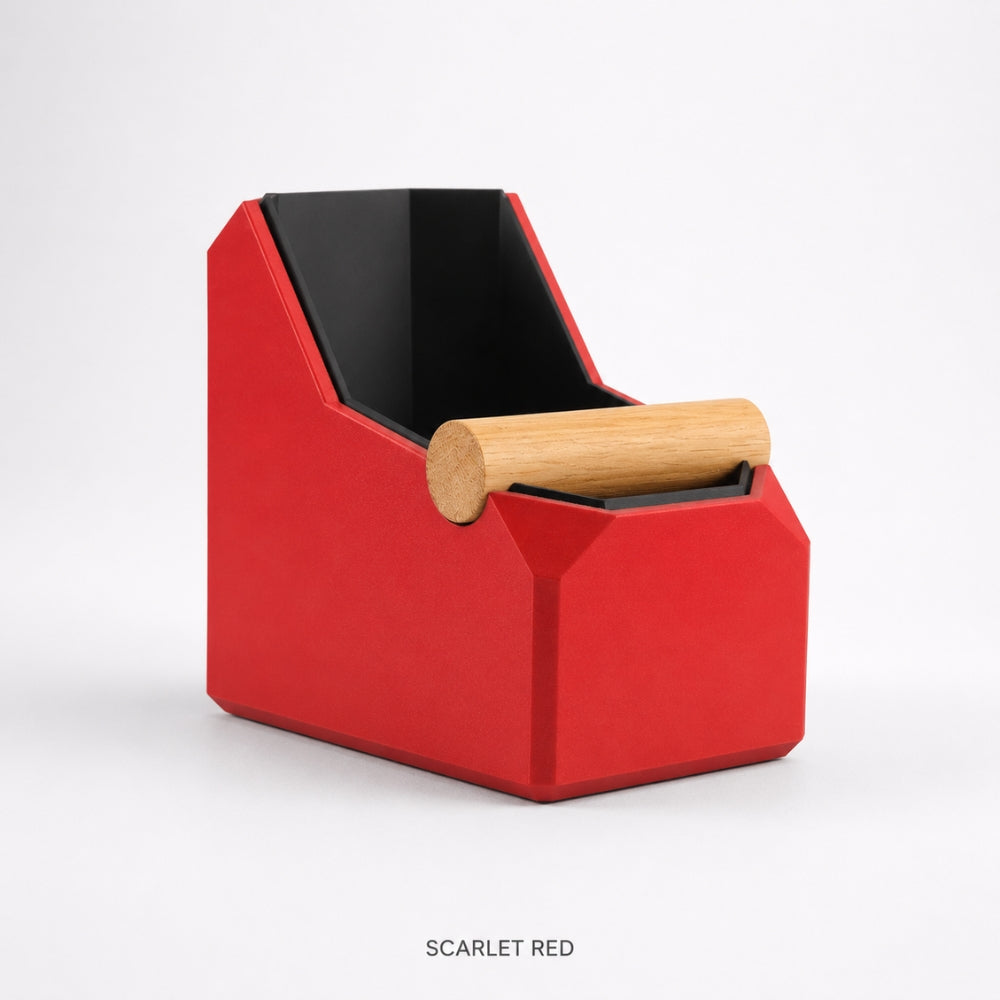 Rectangular KNOCDIC® coffee knock box in red with real oak knock bar for espresso machine cleaning.
