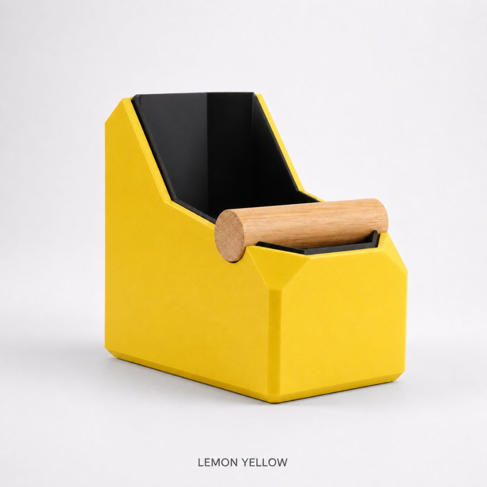 KNOCDIC® rectangular coffee knock box in yellow with real oak knock bar, designed for espresso coffee machine use.