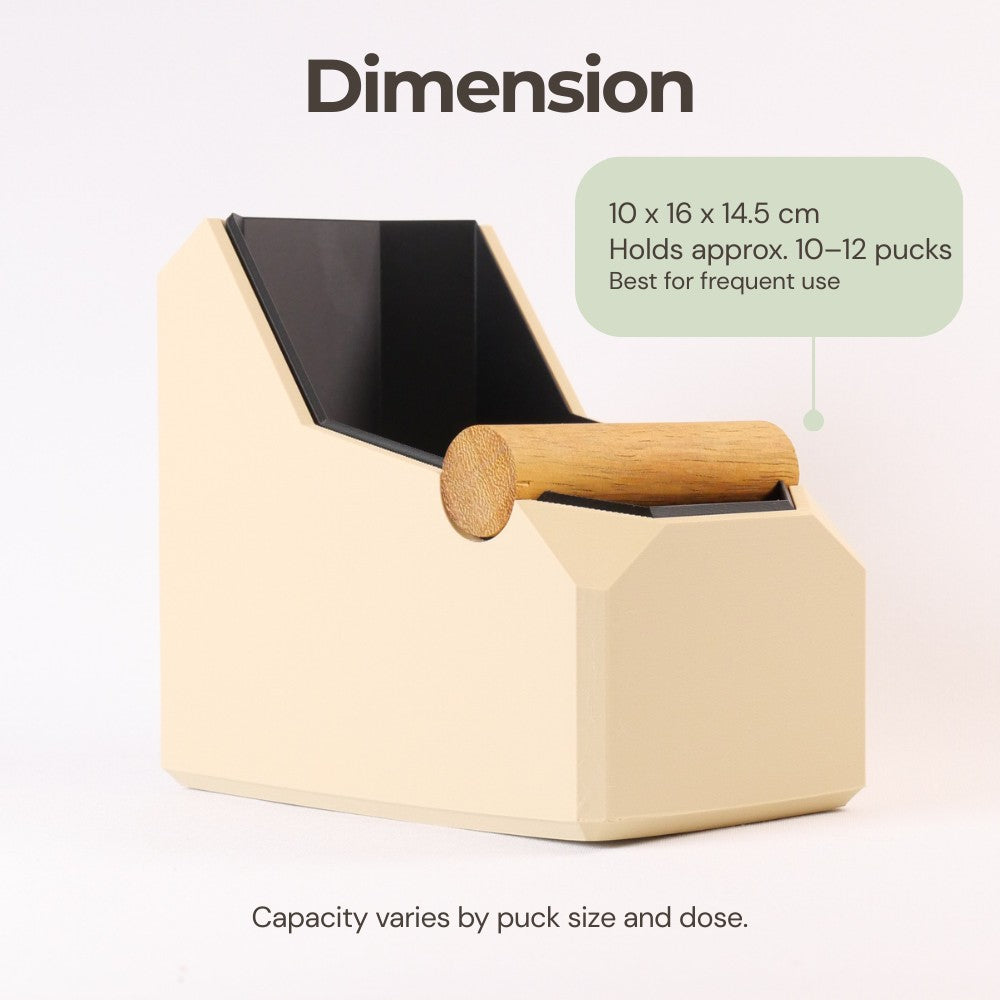 Rectangular coffee knock box with real oak knock bar, designed for espresso machine portafilter tamps, by KNOCDIC®.