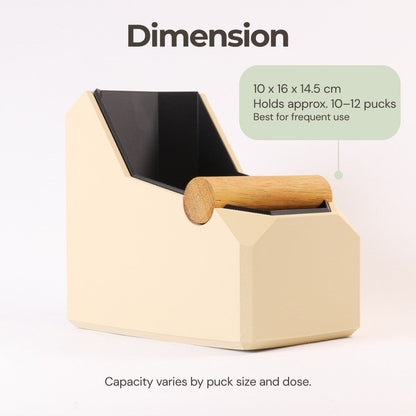 Rectangular coffee knock box with real oak knock bar, designed for espresso machine portafilter tamps, by KNOCDIC®.