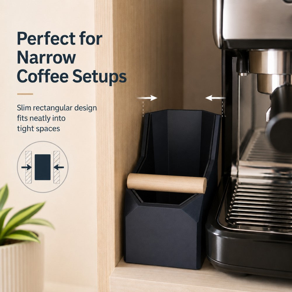 Rectangular coffee knock box with real oak knock bar by KNOCDIC® for easy espresso puck disposal.