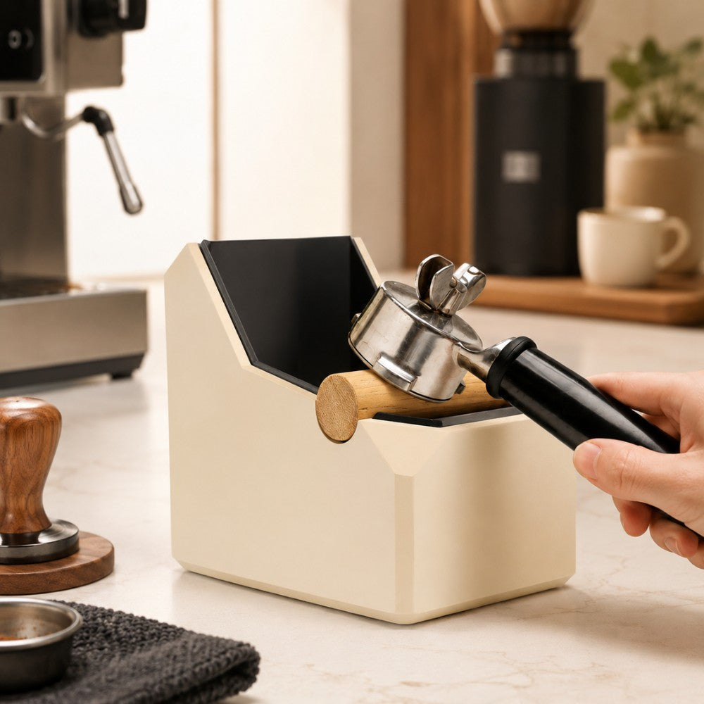 Rectangular coffee knock box with real oak knock bar, used for espresso puck disposal, by KNOCDIC®.