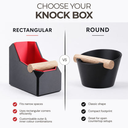 Rectangular coffee knock box by KNOCDIC® with real oak knock bar and sturdy metal container for used coffee grounds.
