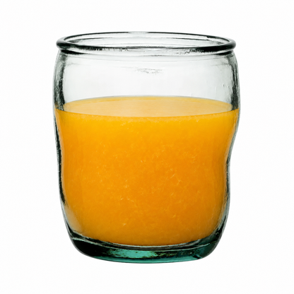 Glassware UK Authentico recycled low glass tumbler filled with orange juice, 350ml capacity, eco-friendly reusable drinkware.