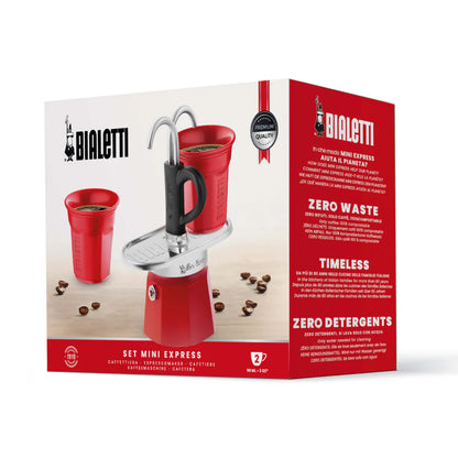Red Bialetti Mini Express double serve espresso maker, Brew Italia hardware for making two cups of coffee.