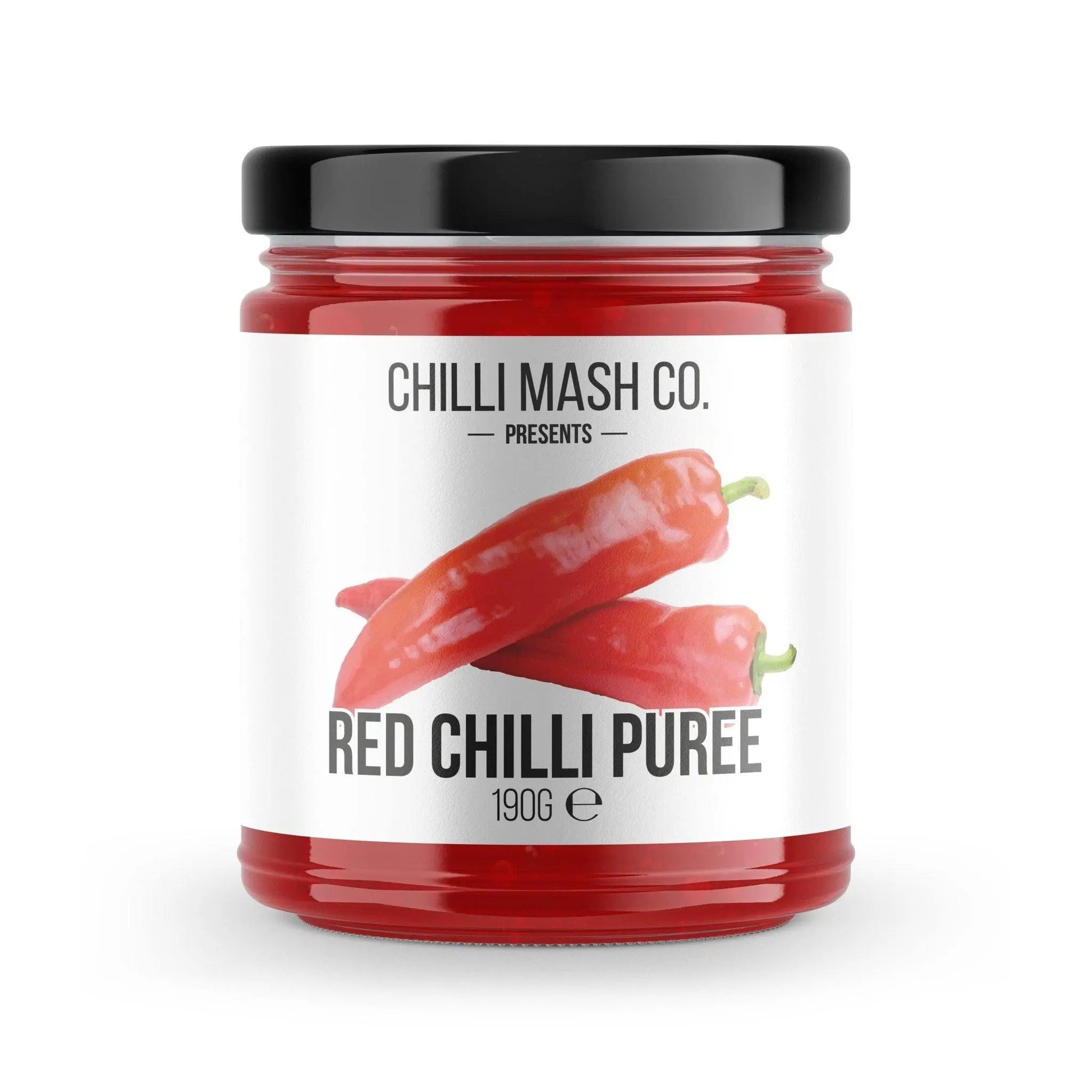 Red chilli puree in a 190g jar from Chilli Mash Company, showcasing vibrant red chilli mash with smooth texture.