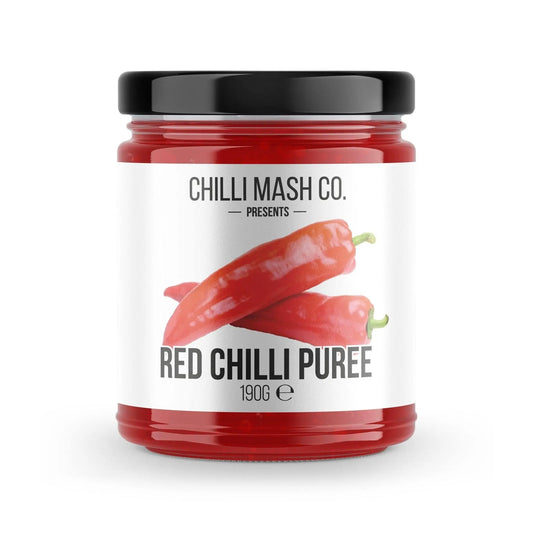 Red chilli puree in a 190g jar from Chilli Mash Company, showcasing vibrant red chilli mash with smooth texture.