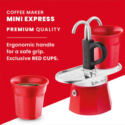 Red Bialetti Mini Express double serve stovetop coffee maker with two cups and matching hardware, ideal for brewing espresso.