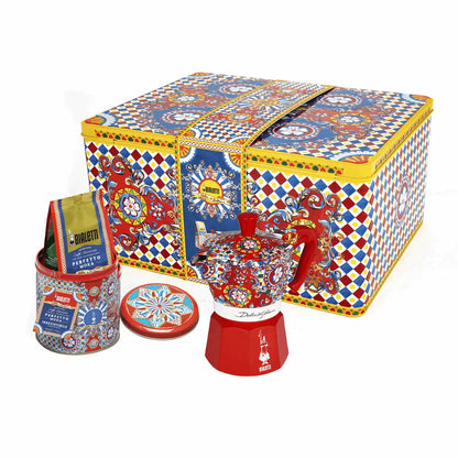 Red Bialetti X Dolce&Gabbana Sicilian Cart gift set with 3-cup moka espresso maker and coffee, Brew Italia hardware.