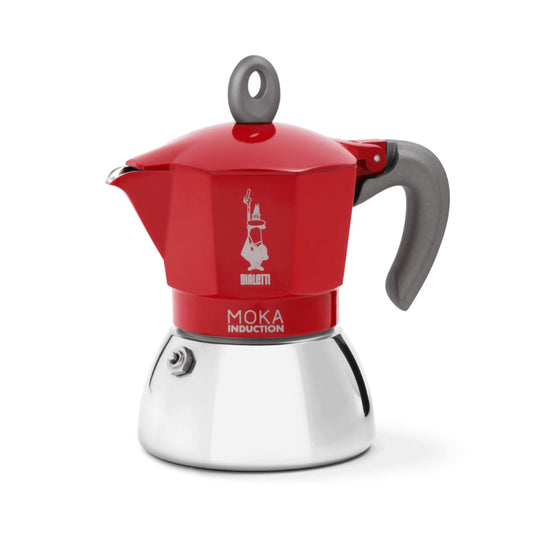 Red Bialetti Moka Induction stovetop coffee maker with Bialetti hardware and Brew Italia branding for rich espresso brewing.