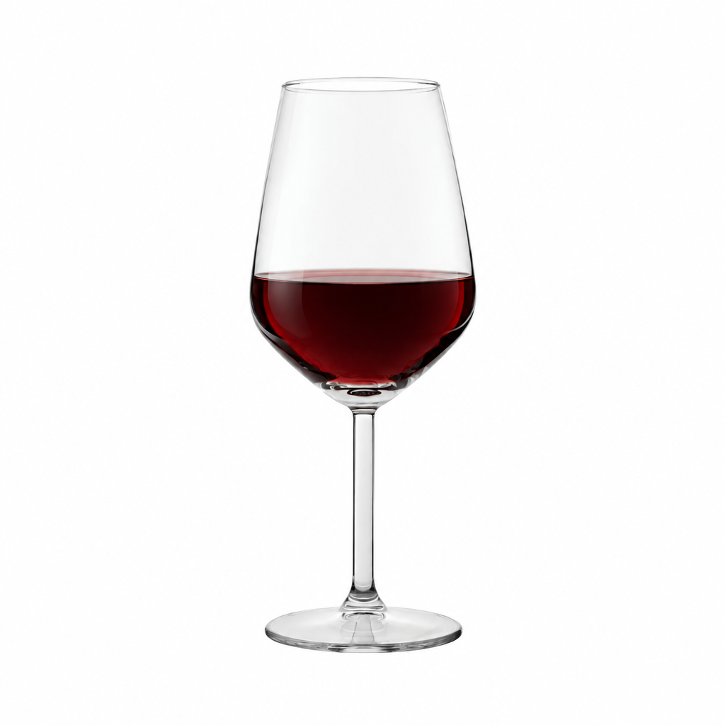 Set of six Allegra red wine glasses from Glassware UK, 490ml capacity, filled with red wine, showcasing elegant glassware for wine drinking.