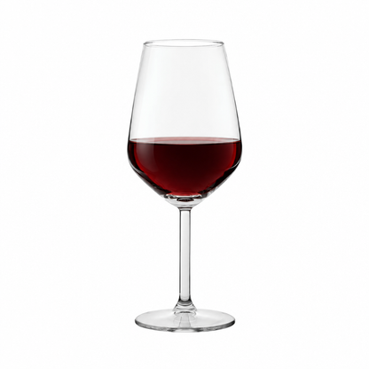 Set of six Allegra red wine glasses from Glassware UK, 490ml capacity, filled with red wine, showcasing elegant glassware for wine drinking.