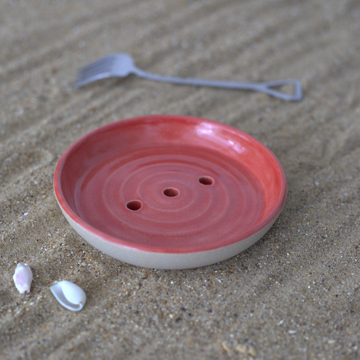 Cherry red square soap dish by Katie L Thompson Designs, with a classic ceramic design for bathroom decor.