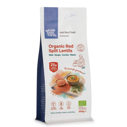 Organic red split lentils from Whole Food Earth, showing a close-up of vibrant, dried beans in a clear bowl.