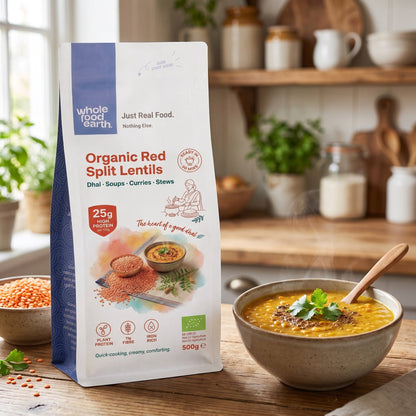 Organic red split lentils from Whole Food Earth, showing a close-up of vibrant red beans in a kitchen setting.
