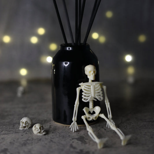 Jet black classic reed diffuser from Katie L Thompson Designs with elegant reeds in a sleek glass bottle.