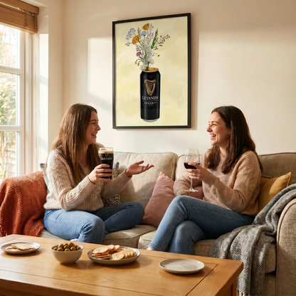 Glassware UK artwork titled Guinness & Flowers featuring colorful floral design with a Guinness beer theme on a glass surface.